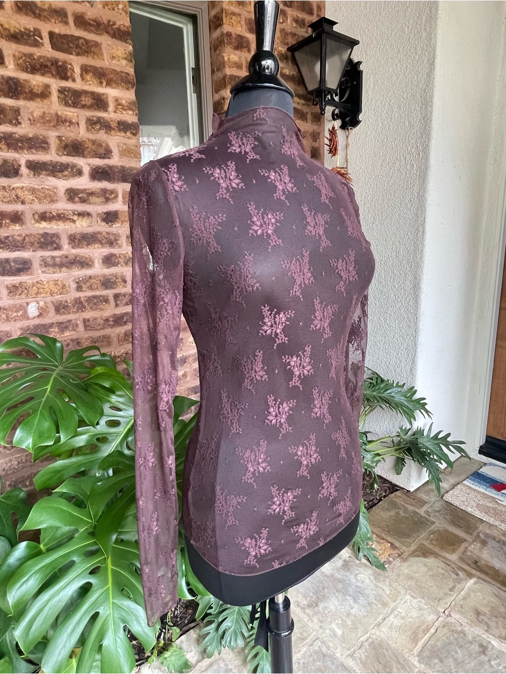 Free People Brown Floral Lace Mock-Neck Long Sleeve Top - Picture 3 of 8